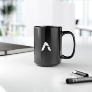 Minimalist Black Mug with White 'A' Logo — Modern Ceramic Coffee Cup (11oz, 15oz)